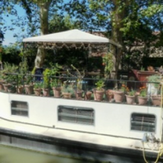 Vegetables in pots on a barge on the Canal du Midi.